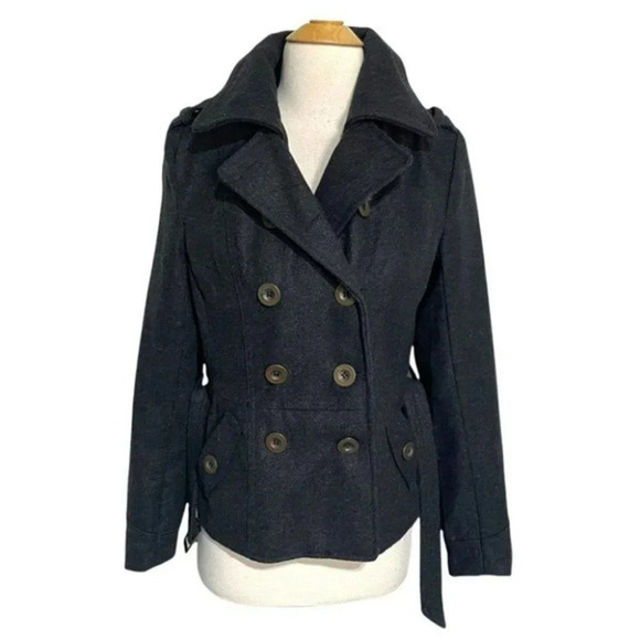 Outer Edge M charcoal gray wool blend belted pea coat - Picture 2 of 11